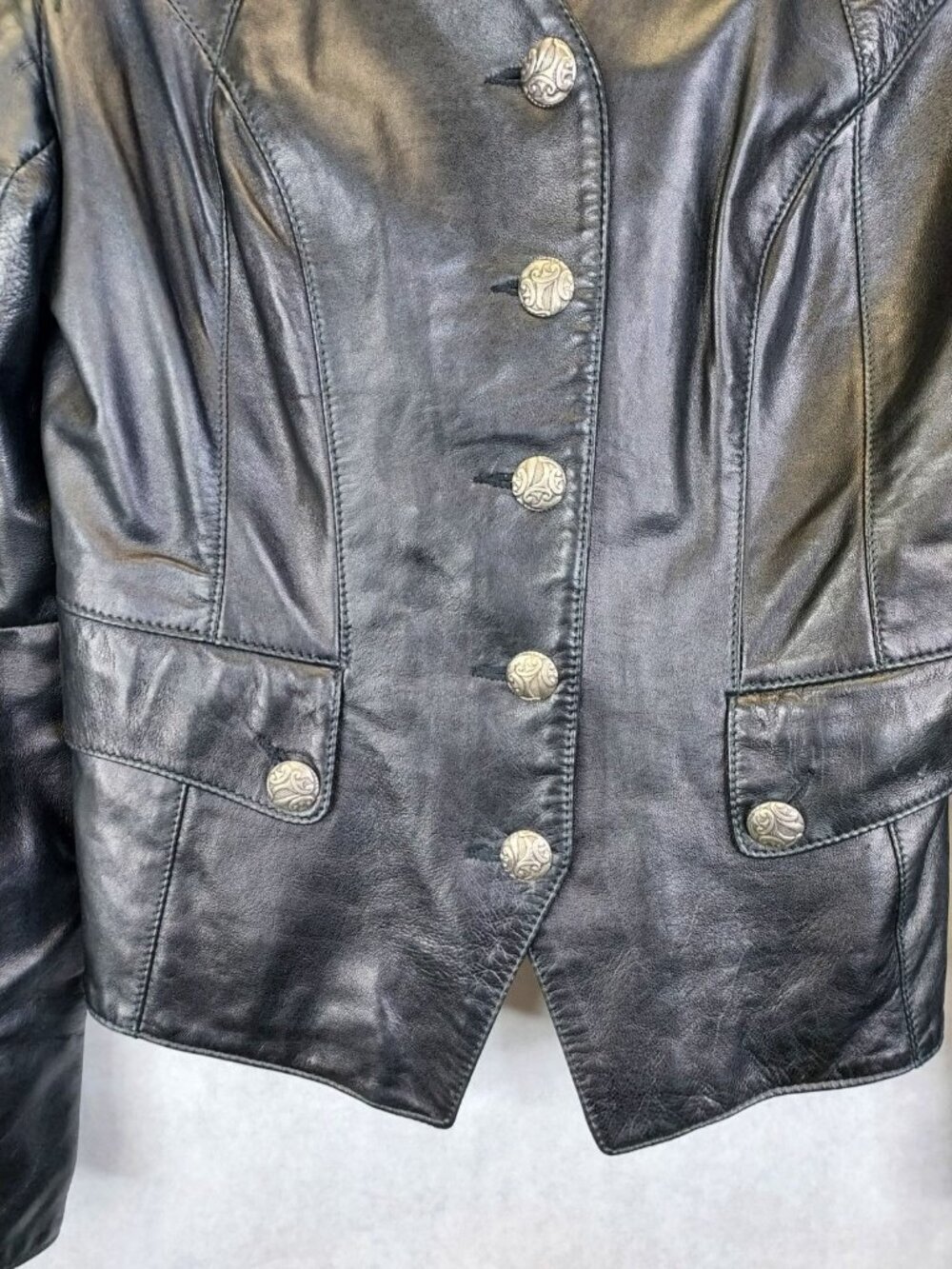 DANIER Button Up Leather Jacket Women's S Black Flared Sleeve Biker Goth Witchy - Picture 3 of 16